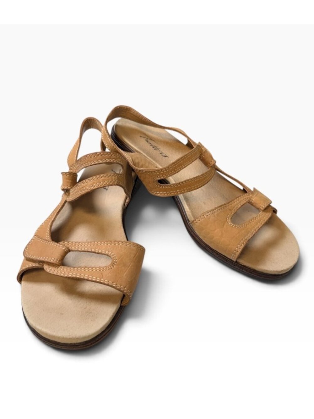 Trotters Katarina Leather Strappy Sandals~Sz 9W~Tan Slingback Hook Loop L19 05
